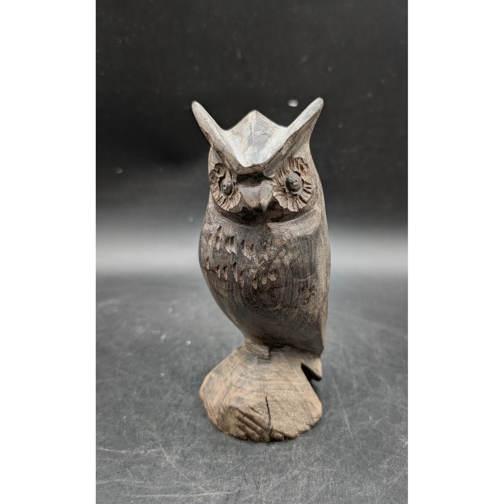 Vintage Hand Carved Wooden Owl Figurine Rustic Folk Art Bird Sculpture Brown